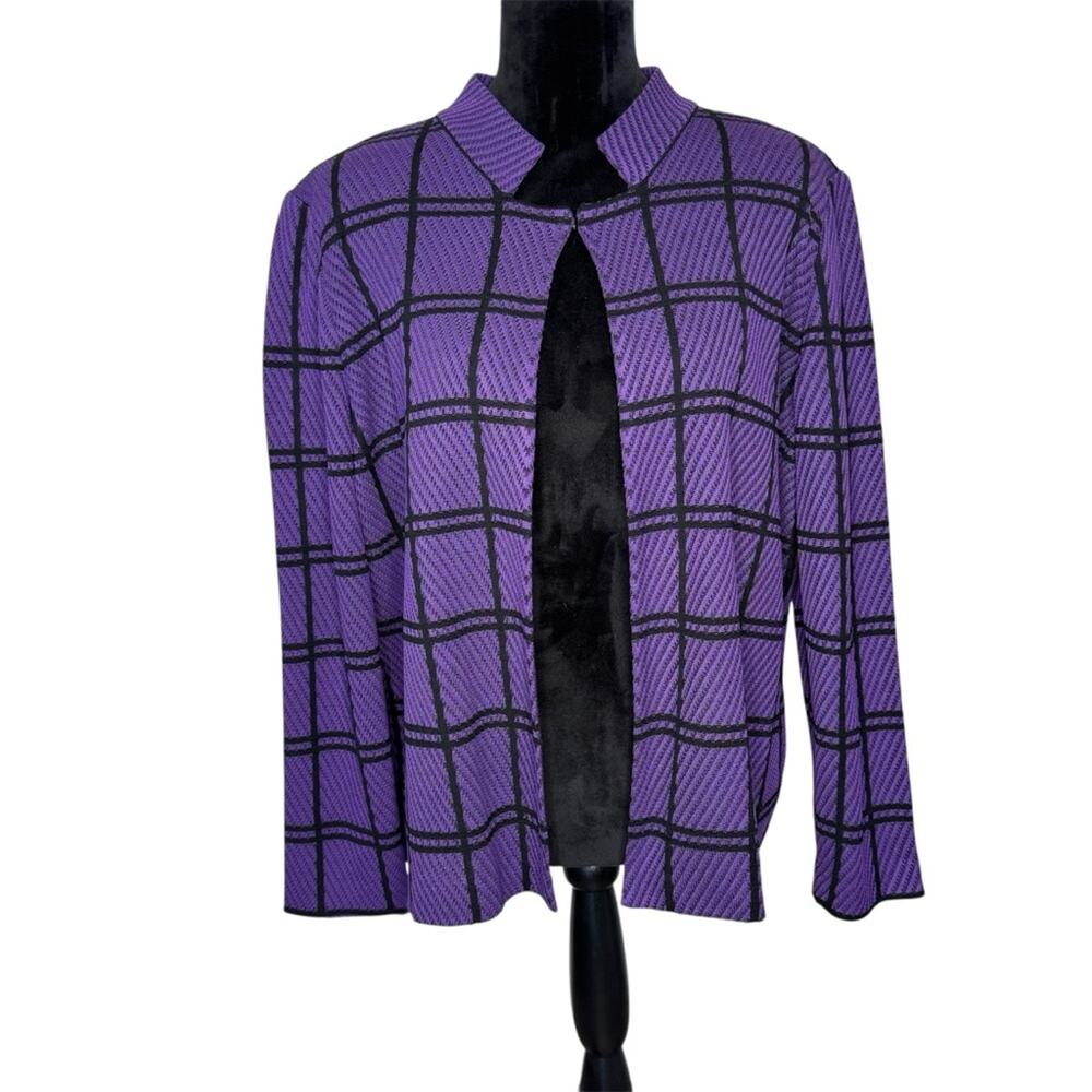 MING WANG Women's Purple Black Plaid Knit Open Front Blazer Sweater